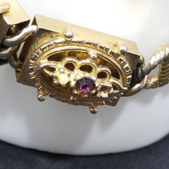 Vintage Mother of Pearl Rhinestone Box Style Link Bracelet, Distressed, 1950s - Picture 8 of 11